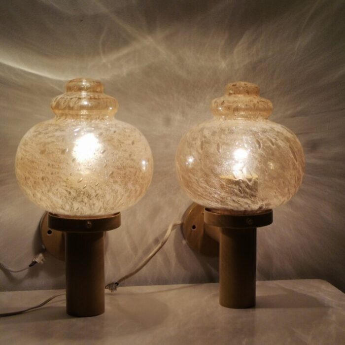 large mid century modern metal and hand blown glass wall lamps 1960s set of 2 5