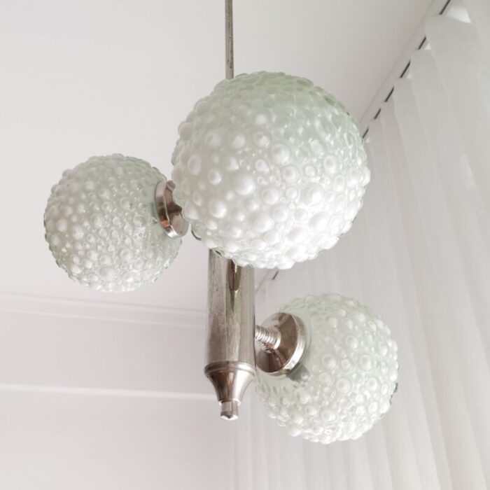 large mid century white opaline bubble glass and nickel 3 light chandelier 6