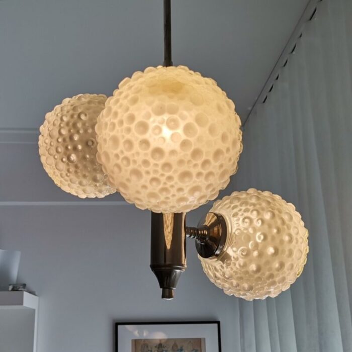 large mid century white opaline bubble glass and nickel 3 light chandelier 7