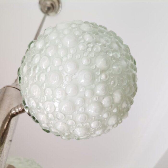 large mid century white opaline bubble glass and nickel 3 light chandelier 8