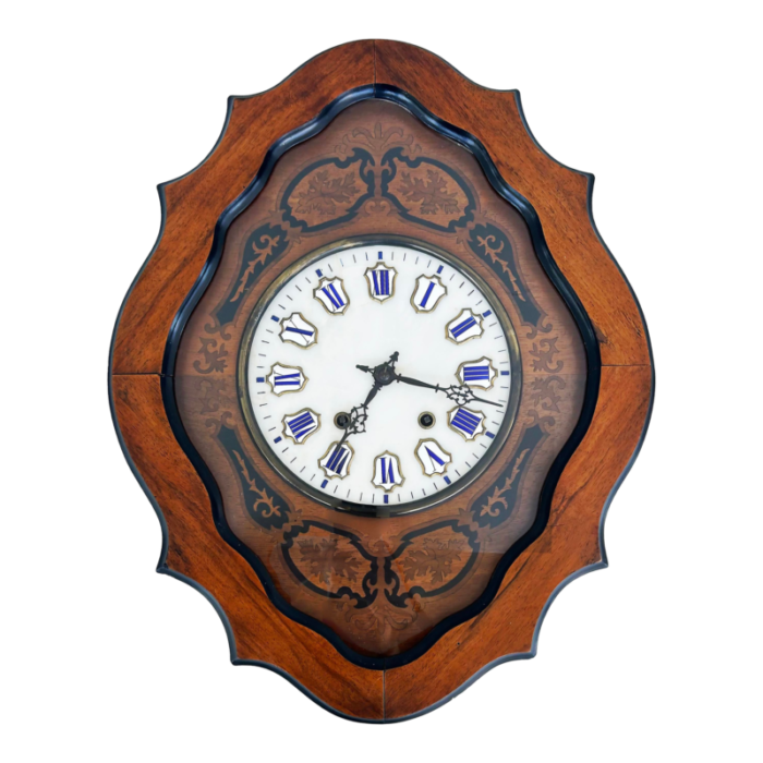 late 19th century french napoleon iii wall clock enamel face and wood marquetry 3098