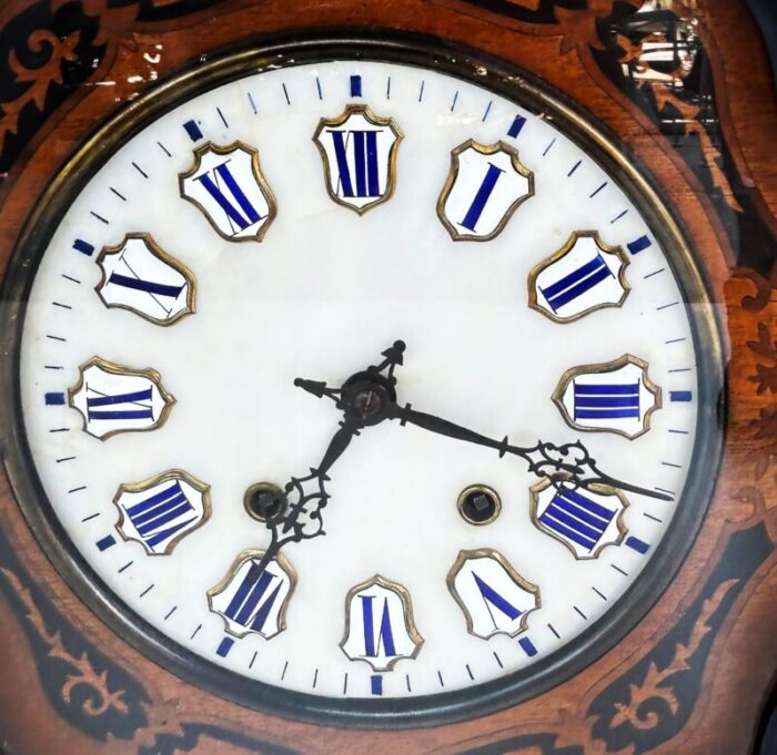 late 19th century french napoleon iii wall clock enamel face and wood marquetry 8496