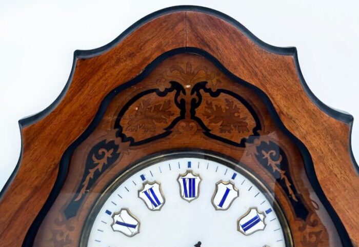 late 19th century french napoleon iii wall clock enamel face and wood marquetry 9955