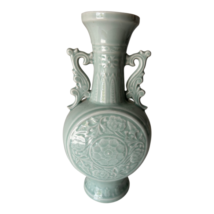 late 20th century chinese porcelain celadon vase with ornate handles 7559