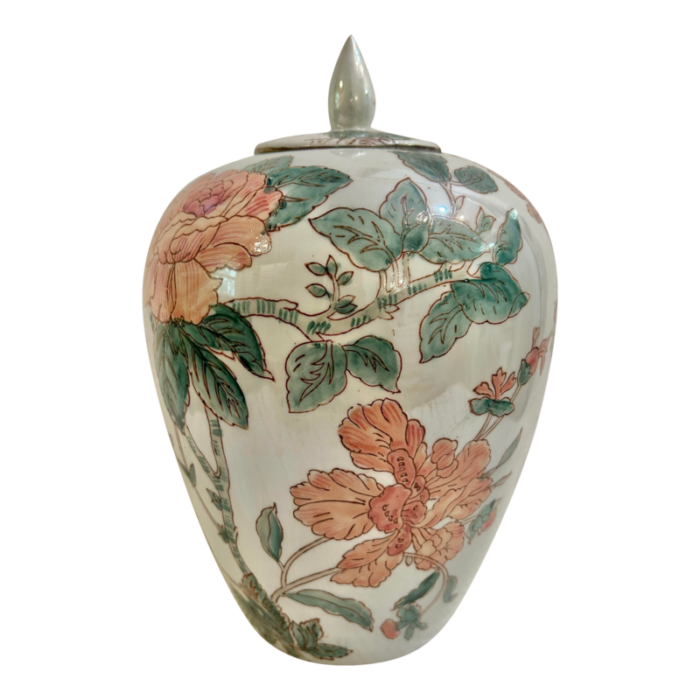 late 20th century chinoiserie pink and green peony ginger jar with lid 2467