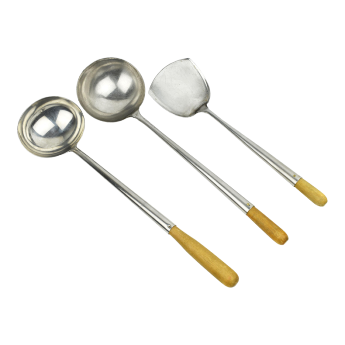 late 20th century handcrafted stainless steel cooking ladles and a turner utensils set with wooden long handle 3 pieces 5423