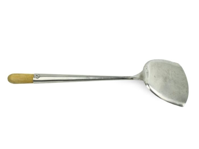 late 20th century handcrafted stainless steel cooking ladles and a turner utensils set with wooden long handle 3 pieces 5506