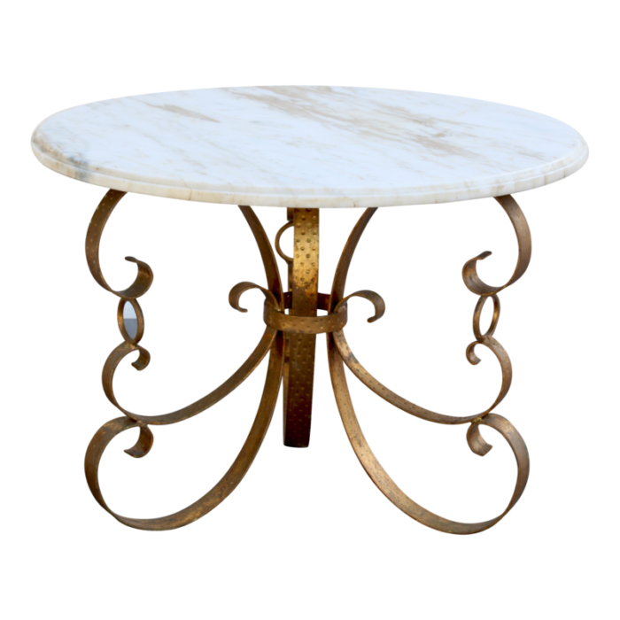 late 20th century hollywood regency metal gilt coffee table with italian marble top 9698