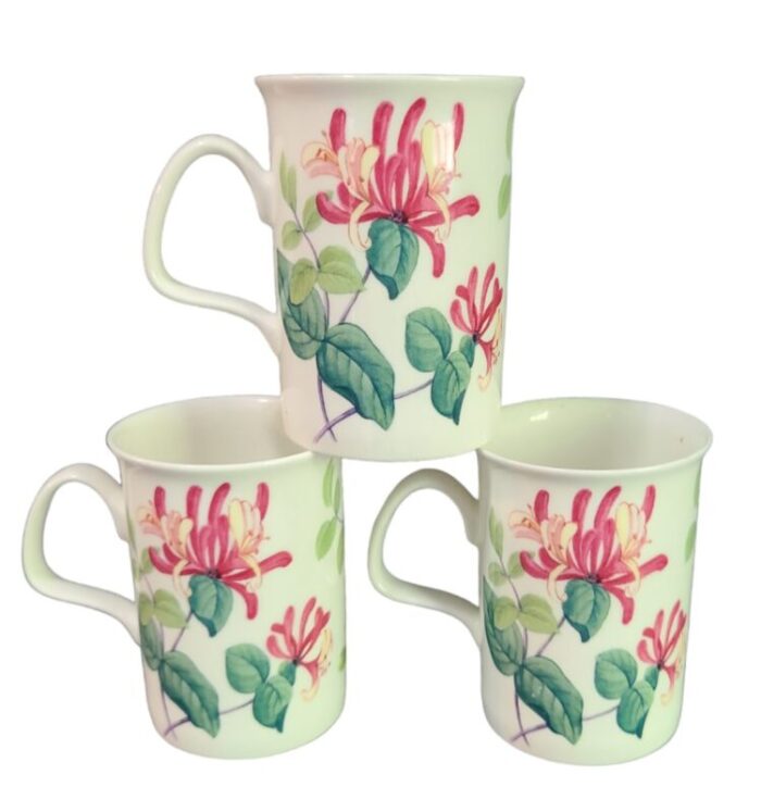 late 20th century roy kirkham english bone china hand painted pink honeysuckle coffee tea mugs set of 3 3689