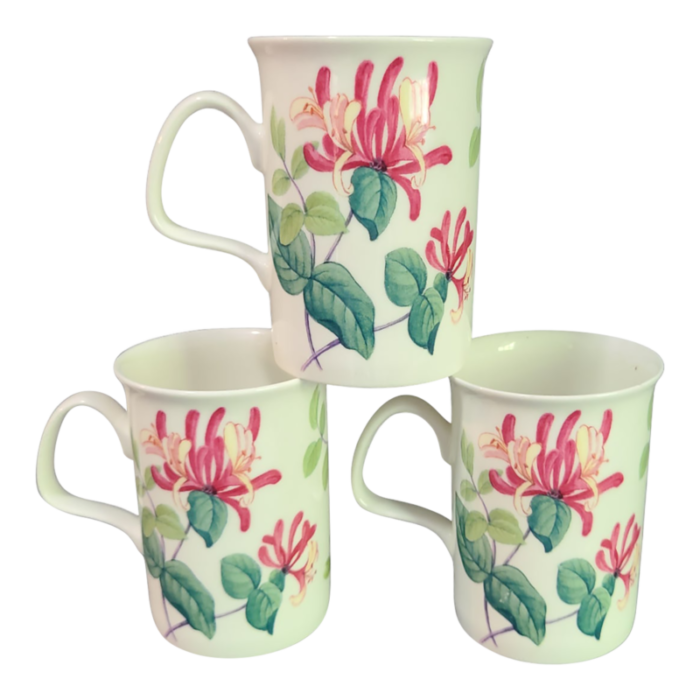 late 20th century roy kirkham english bone china hand painted pink honeysuckle coffee tea mugs set of 3 8165