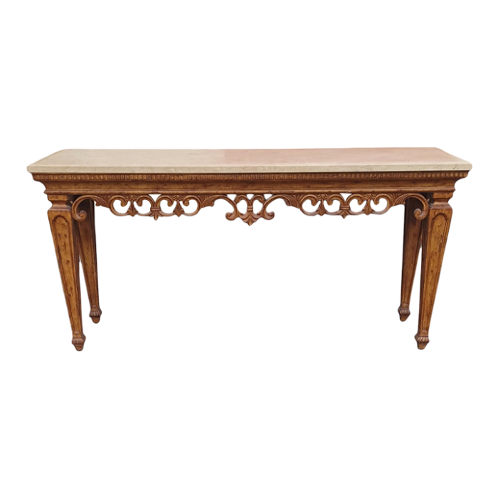 late 20th century vintage marge carson french provincial style wood and marble console table 3389