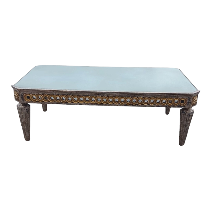 late 20th century vintage wooden coffee table with silvered mirrored top 6759