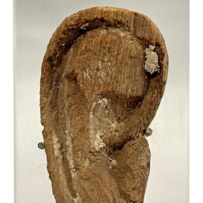 late period to ptolemaic period egyptian wooden mummy mask ear on custom mount 2304