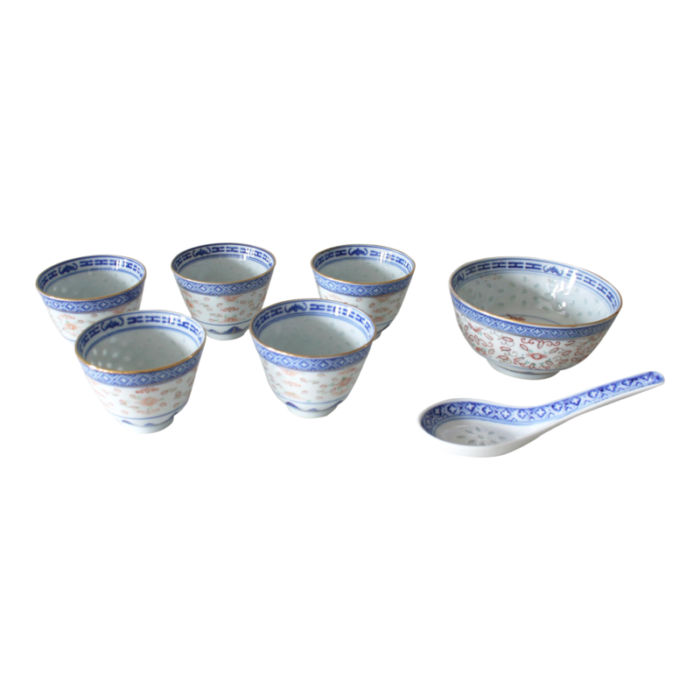 mid 20th century ceramic rice grain pattern cups bowl and spoon set 7 pieces 0135