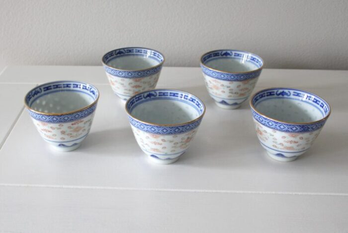 mid 20th century ceramic rice grain pattern cups bowl and spoon set 7 pieces 2951