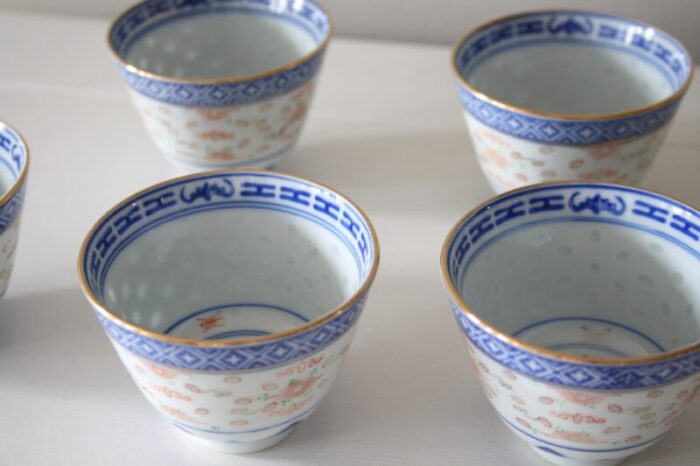 mid 20th century ceramic rice grain pattern cups bowl and spoon set 7 pieces 8690