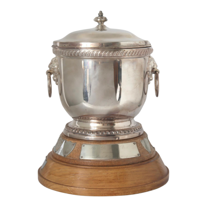 mid 20th century english silver plate trophy ice bucket on wood base 7283