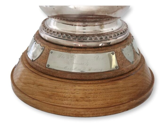 mid 20th century english silver plate trophy ice bucket on wood base 7961