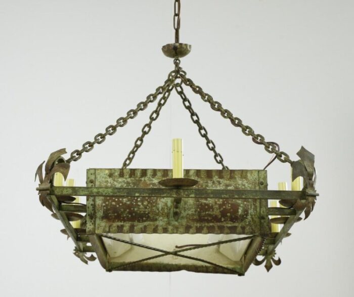 mid 20th century european wrought iron verdigris patina chandelier 2707