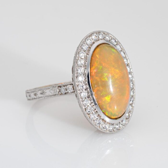 mid 20th century fire opal diamond large oval 18k white gold cocktail ring size 9 5696