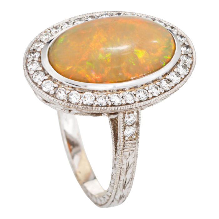 mid 20th century fire opal diamond large oval 18k white gold cocktail ring size 9 6667