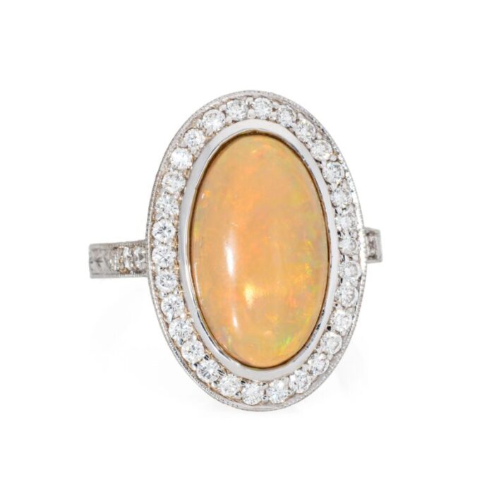 mid 20th century fire opal diamond large oval 18k white gold cocktail ring size 9 6865