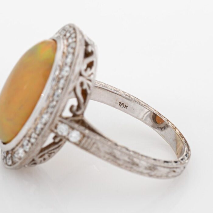 mid 20th century fire opal diamond large oval 18k white gold cocktail ring size 9 8153