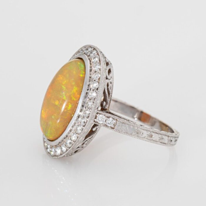 mid 20th century fire opal diamond large oval 18k white gold cocktail ring size 9 8862