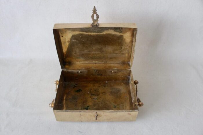 mid 20th century rectangle brass keepsake box with decorative handles lockable 2090