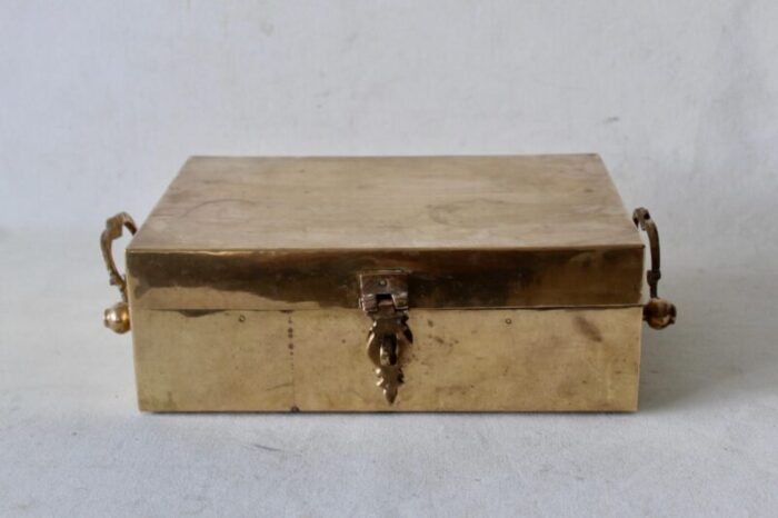 mid 20th century rectangle brass keepsake box with decorative handles lockable 3801