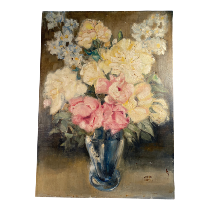 mid 20th century signed original oil painting flowers spanish 0854