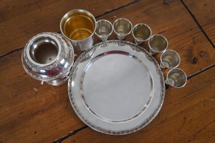 mid 20th century sterling silver jewish shabbat kiddush wine fountain cup and plate set 9 pieces 0592