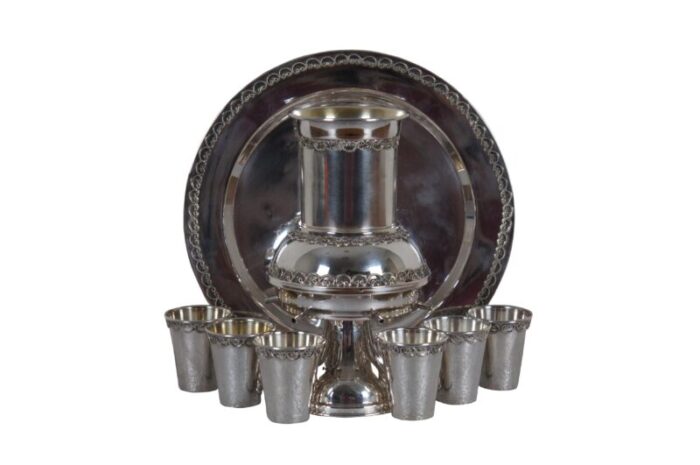 mid 20th century sterling silver jewish shabbat kiddush wine fountain cup and plate set 9 pieces 3454