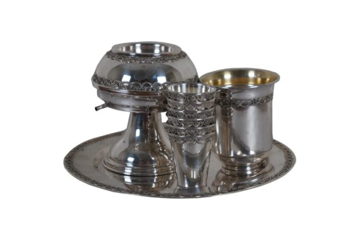 mid 20th century sterling silver jewish shabbat kiddush wine fountain cup and plate set 9 pieces 4234