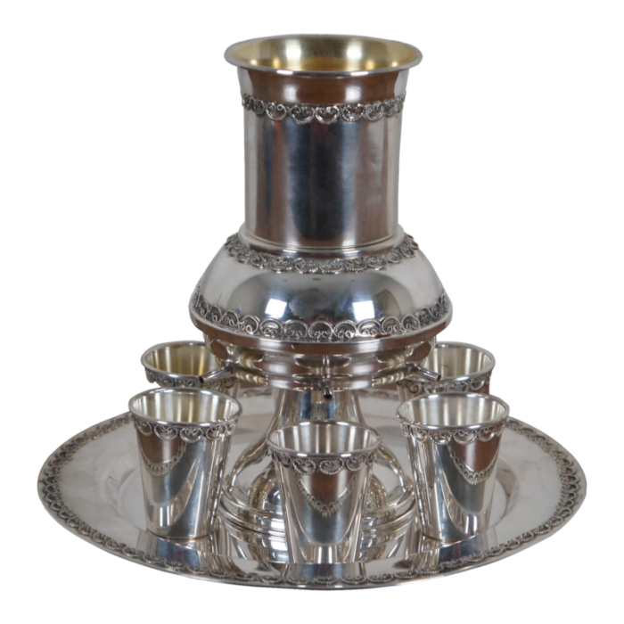 mid 20th century sterling silver jewish shabbat kiddush wine fountain cup and plate set 9 pieces 6617