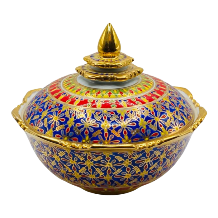 mid 20th century thai porcelain benjarong pottery hand painted gold leaf lidded dish 2224