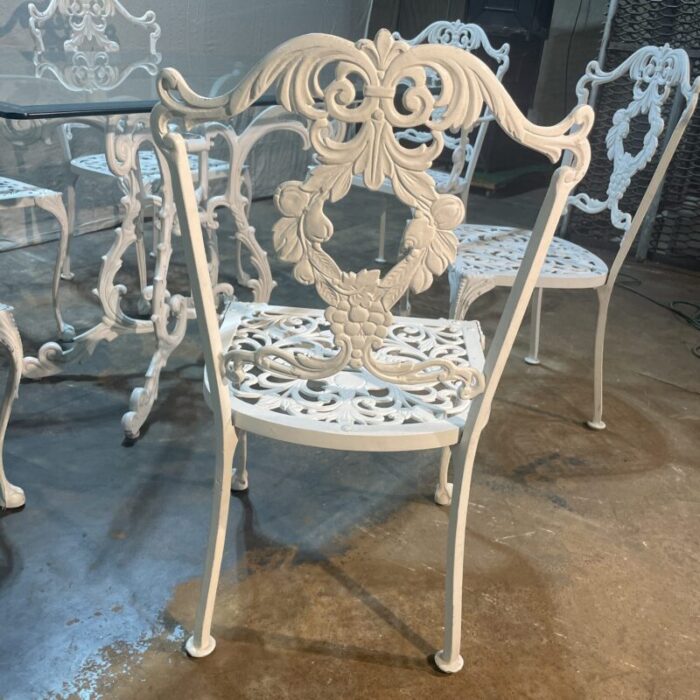 mid 20th century white cast aluminum patio dining table and 6 chairs 2383