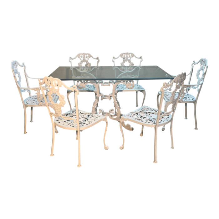 mid 20th century white cast aluminum patio dining table and 6 chairs 3305