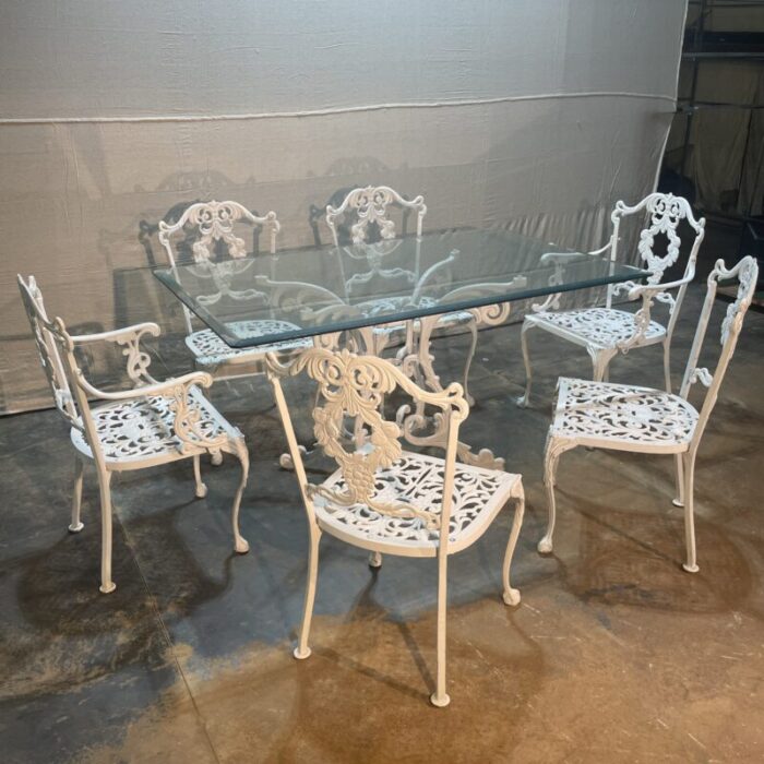 mid 20th century white cast aluminum patio dining table and 6 chairs 4565