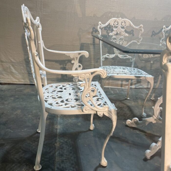 mid 20th century white cast aluminum patio dining table and 6 chairs 5774