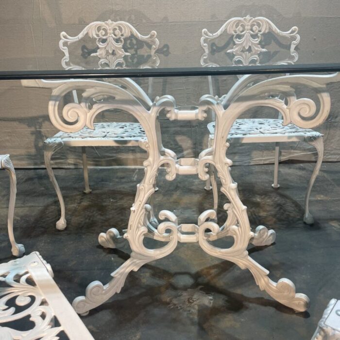 mid 20th century white cast aluminum patio dining table and 6 chairs 7558