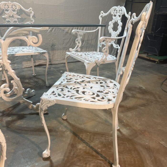 mid 20th century white cast aluminum patio dining table and 6 chairs 9474