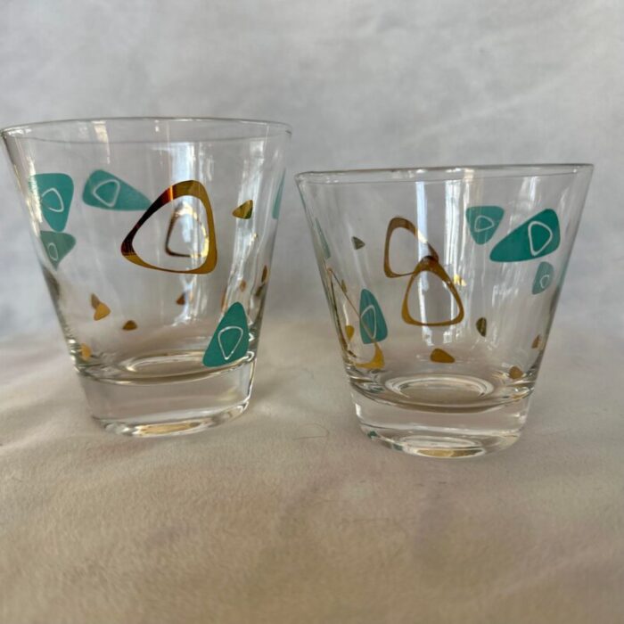 mid century atomic amoeba turquoise and gold whisky double old fashioned cocktail glasses set of 9 2527