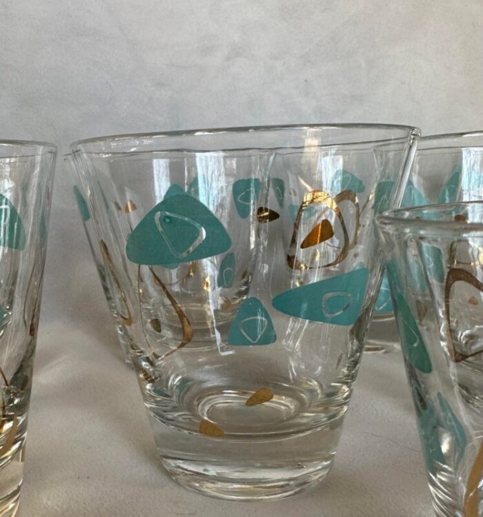 mid century atomic amoeba turquoise and gold whisky double old fashioned cocktail glasses set of 9 6918