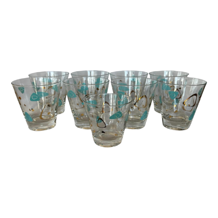 mid century atomic amoeba turquoise and gold whisky double old fashioned cocktail glasses set of 9 9221