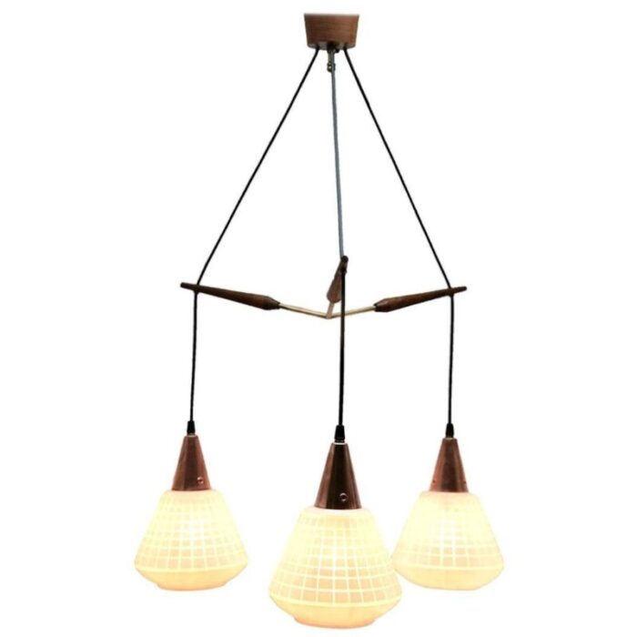 mid century belgian teak with frosted optical shade tree pendant lights 1