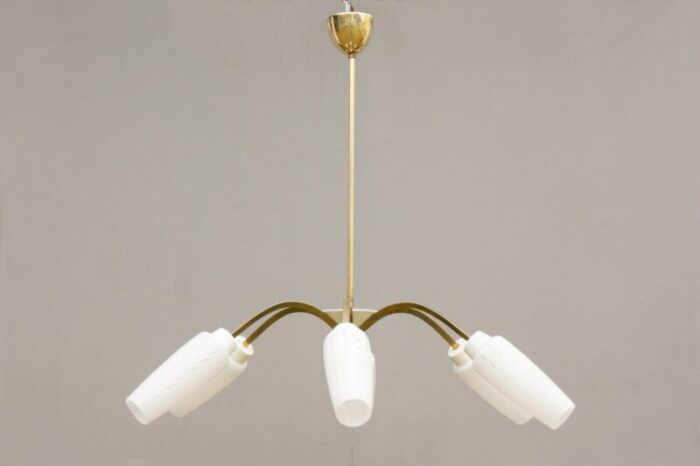 mid century brass and white glass screens 6 arm rod pendant lamp 1