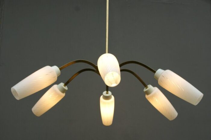 mid century brass and white glass screens 6 arm rod pendant lamp 10