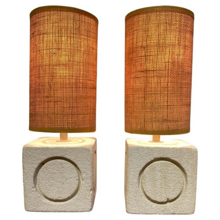 mid century carved limestone cube table lamp by albert tormos 1970s set of 2 1