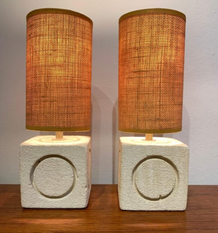 mid century carved limestone cube table lamp by albert tormos 1970s set of 2 4